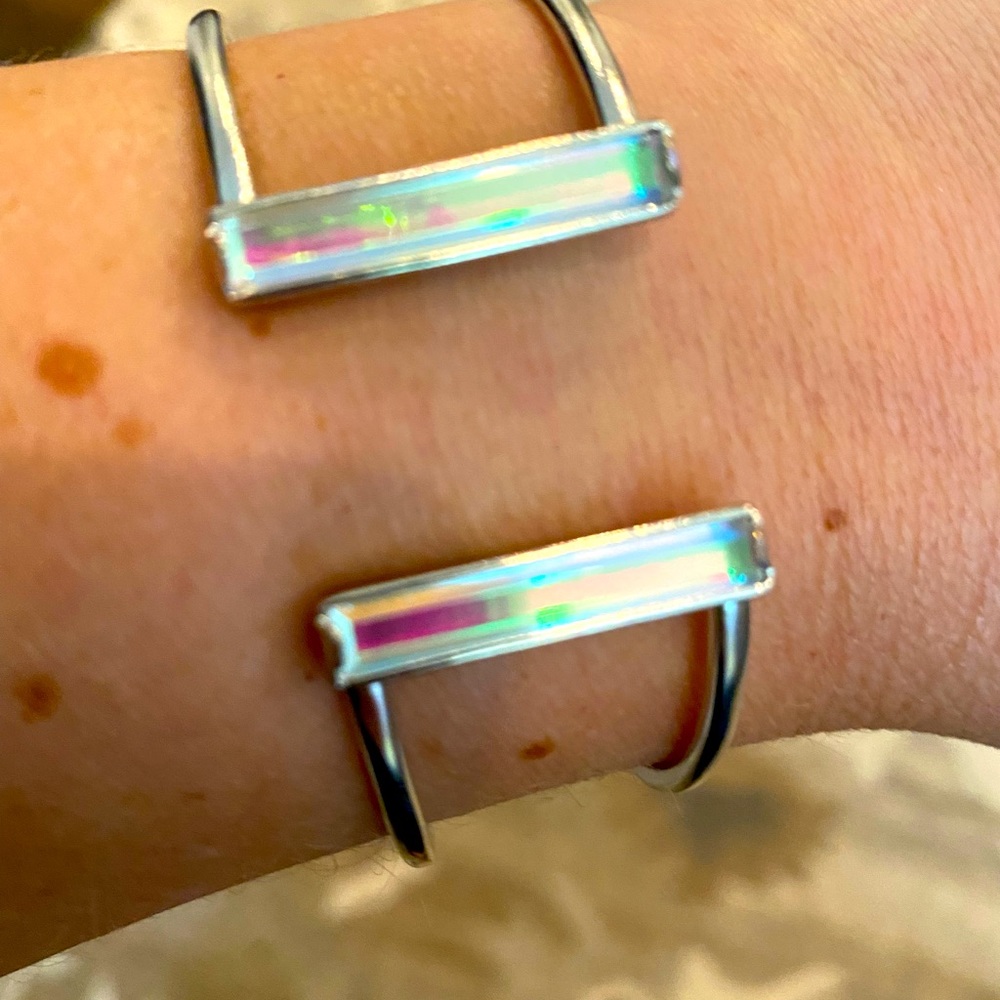 Kendra Scott brand new hinged silver cuff bracelet with iridescent crystals.